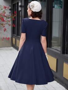 MUXXN Đầm Dây kéo màu trơn Thanh lịch - Màu xanh hải quân - Xem 2