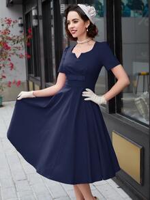 MUXXN Đầm Dây kéo màu trơn Thanh lịch - Màu xanh hải quân - Xem 5