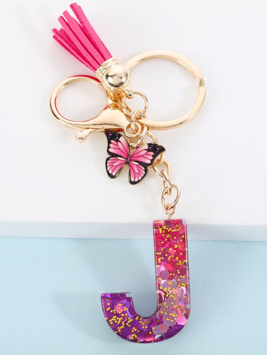 Boho Butterfly & Letter Charm Keychain - Multicolor - View 1