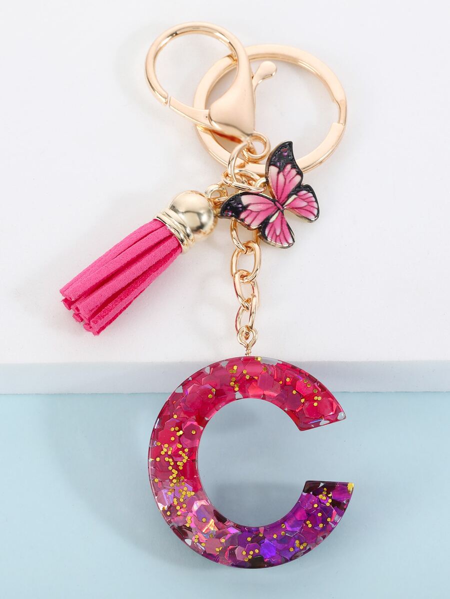 Boho Butterfly & Letter Charm Keychain - Multicolor - View 1