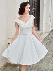 MUXXN Đầm Dây kéo màu trơn Thanh lịch - trắng - Xem 5