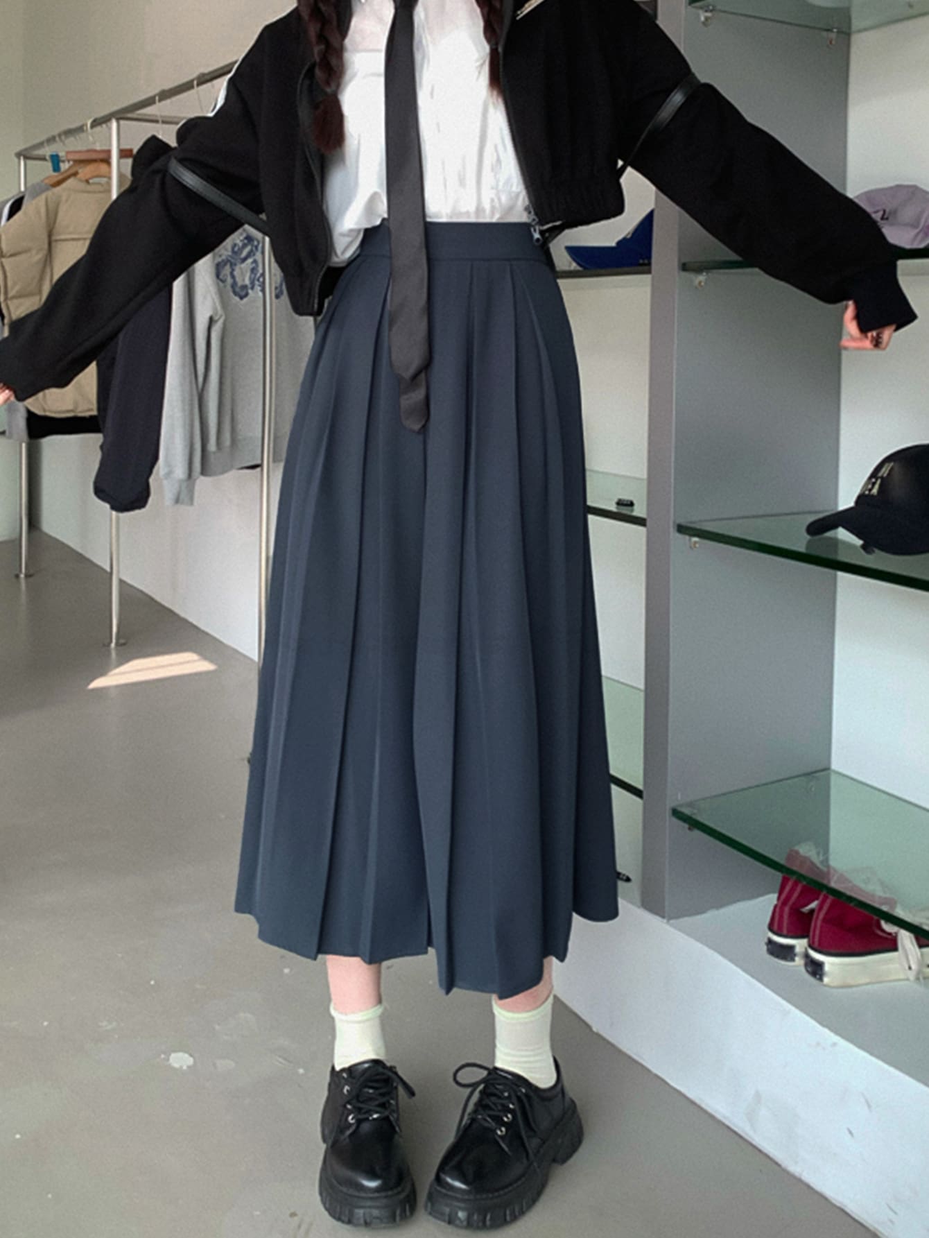 Solid Pleated Skirt - Dark Grey - View 1