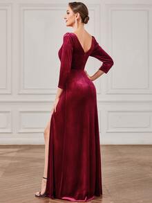 EVERPRETTY Elegant Long Sleeve V-Neck Cinched Waist Velvet Burgundy Bridesmaid Dress - Burgundy - View 2