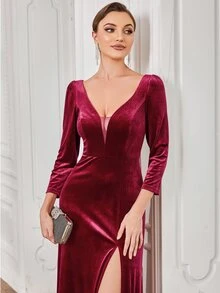 EVERPRETTY Elegant Long Sleeve V-Neck Cinched Waist Velvet Burgundy Bridesmaid Dress - Burgundy - View 4
