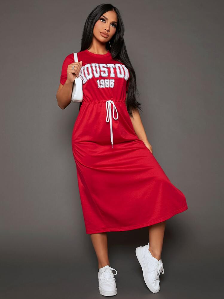 SHEIN SXY Letter Graphic Drawstring Waist Tee Dress - Red - View 1