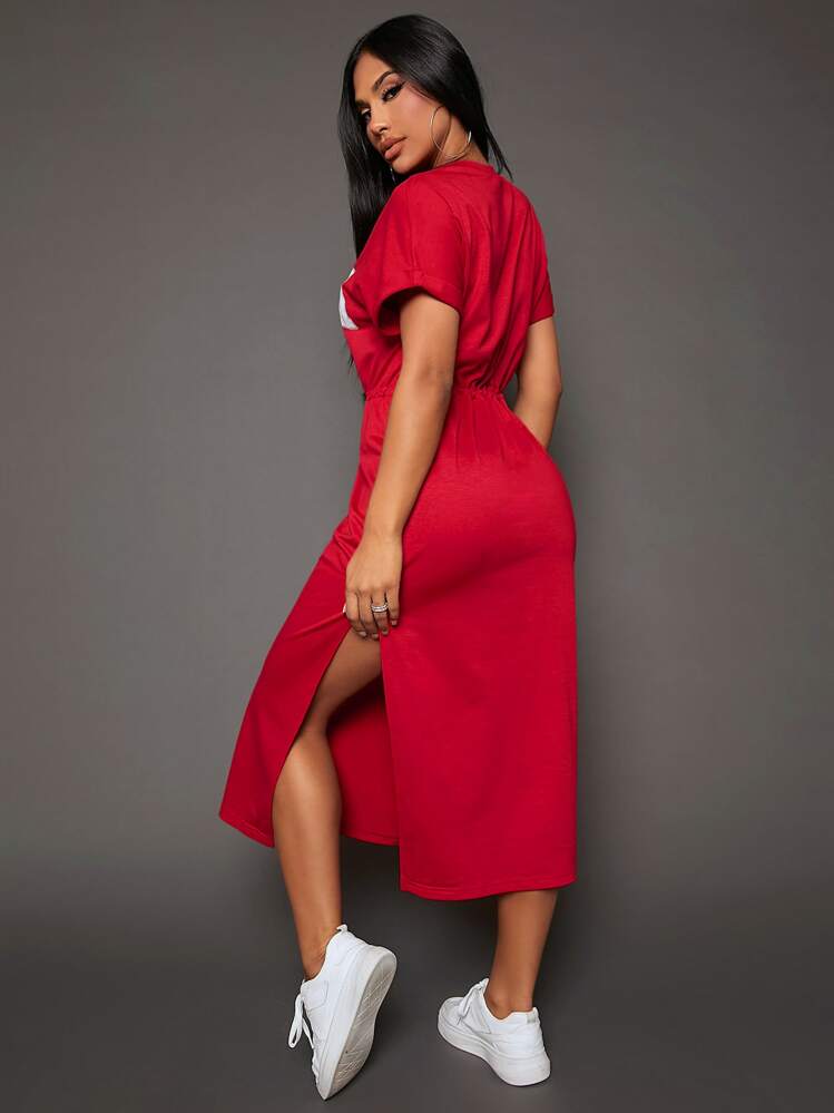 SHEIN SXY Letter Graphic Drawstring Waist Tee Dress - Red - View 2