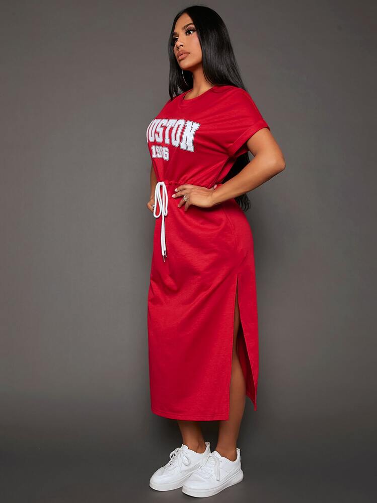 SHEIN SXY Letter Graphic Drawstring Waist Tee Dress - Red - View 3