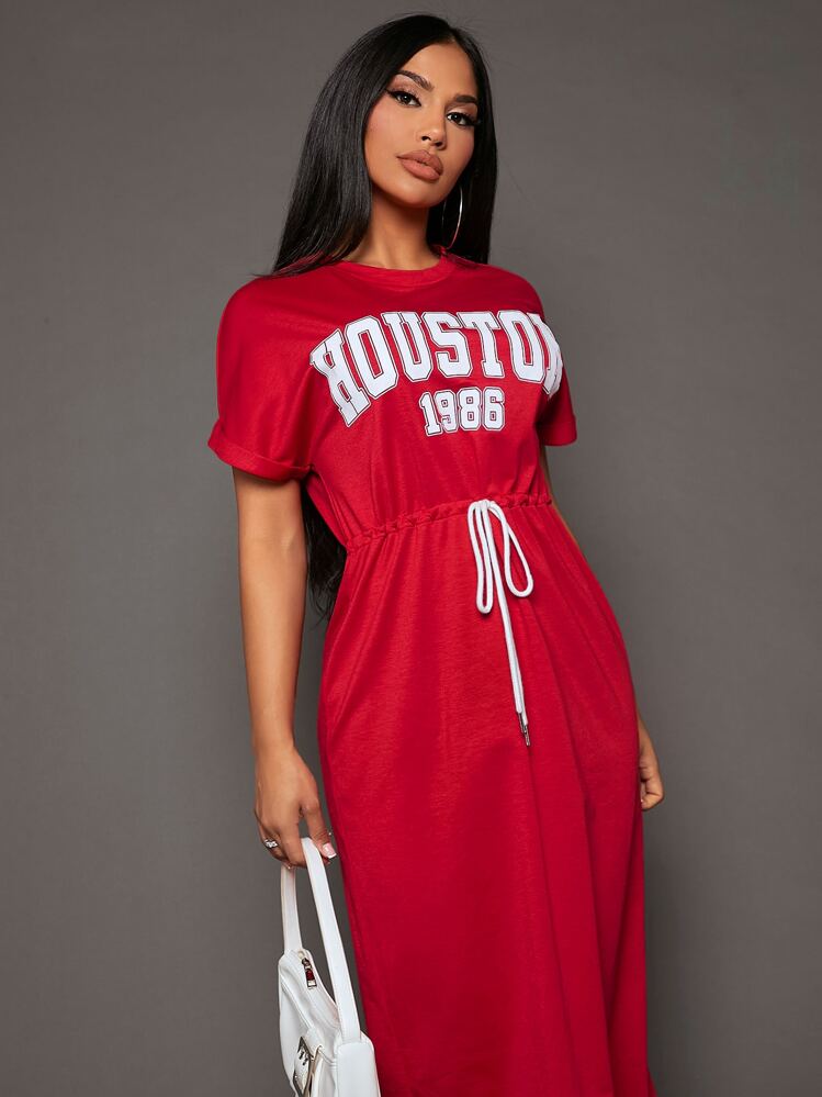 SHEIN SXY Letter Graphic Drawstring Waist Tee Dress - Red - View 4