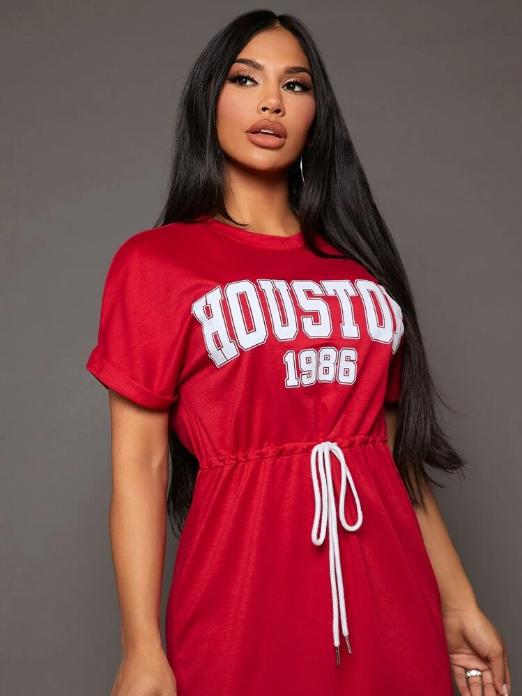 SHEIN SXY Letter Graphic Drawstring Waist Tee Dress - Red - View 7
