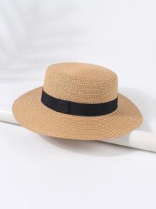 織帶裝飾草編帽 - 卡其色 - 查看 1
