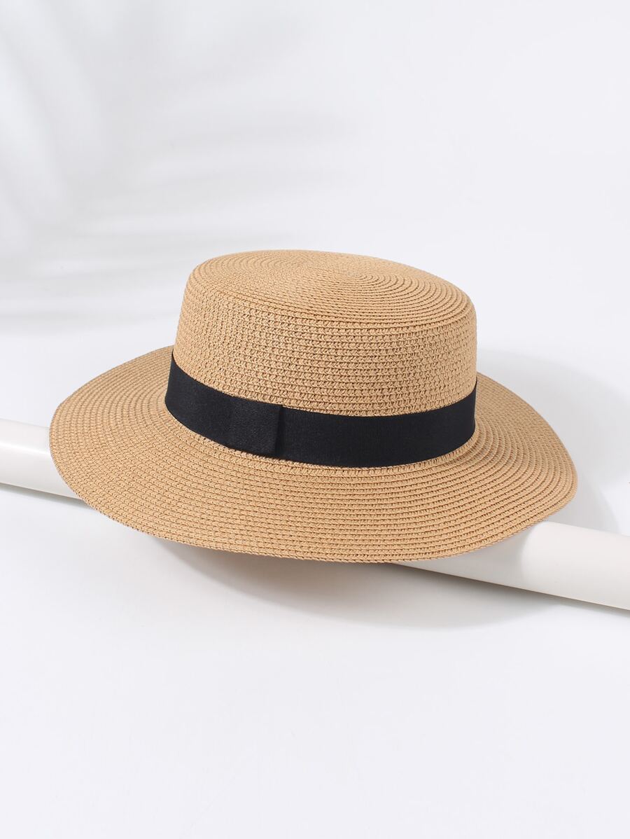 織帶裝飾草編帽 - 卡其色 - 查看 1