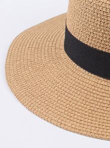 織帶裝飾草編帽 - 卡其色 - 查看 3