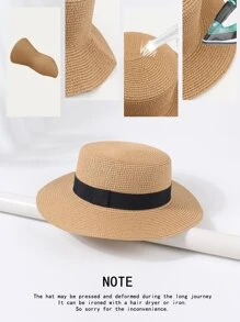 織帶裝飾草編帽 - 卡其色 - 查看 4