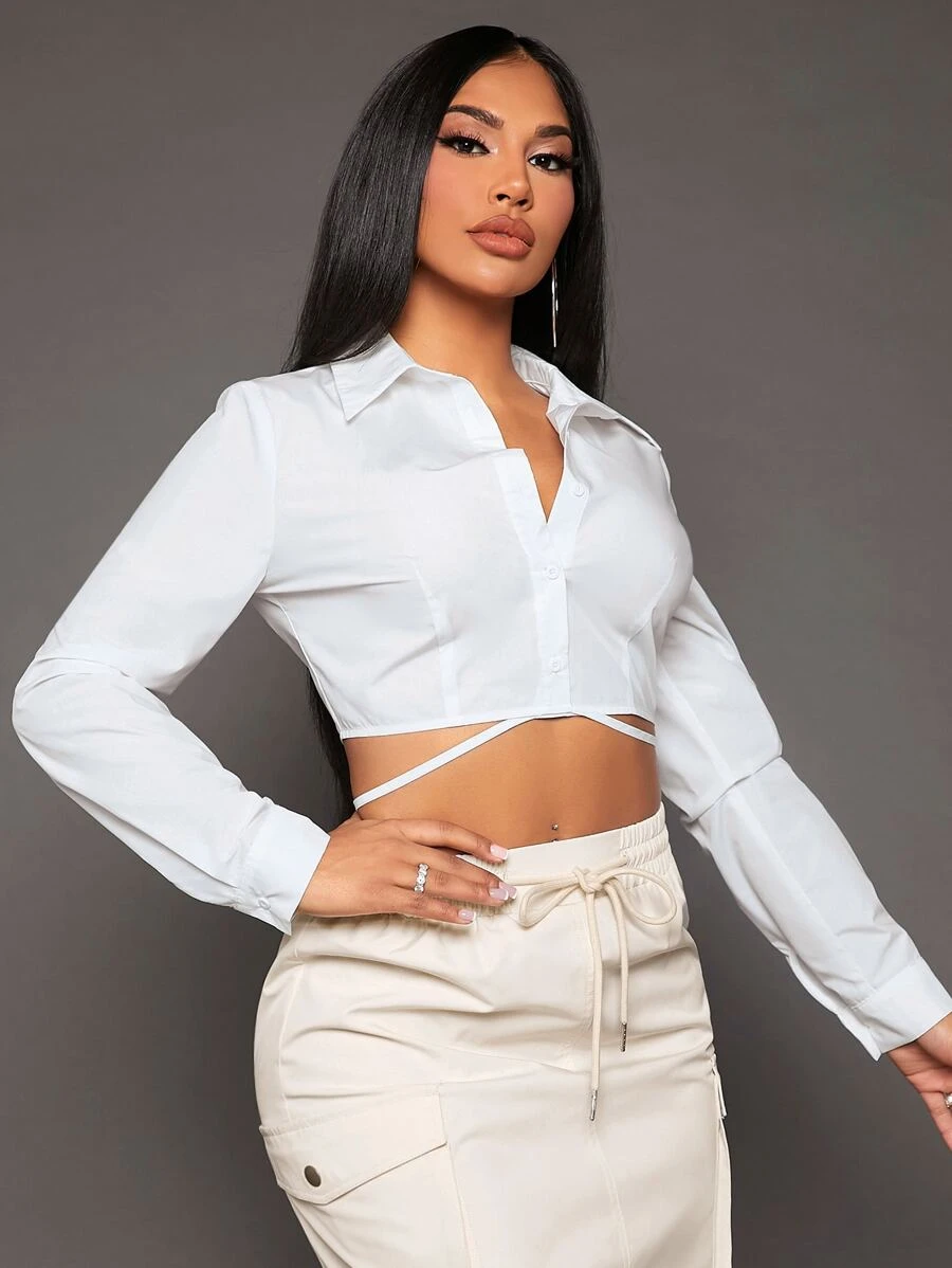 SHEIN SXY Solid Button Front Tie Back Crop Shirt,Long Sleeve Tops - White - View 1