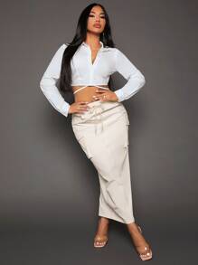 SHEIN SXY Solid Button Front Tie Back Crop Shirt,Long Sleeve Tops - White - View 4