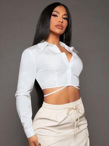 SHEIN SXY Solid Button Front Tie Back Crop Shirt,Long Sleeve Tops - White - View 5