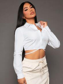 SHEIN SXY Solid Button Front Tie Back Crop Shirt,Long Sleeve Tops - White - View 6