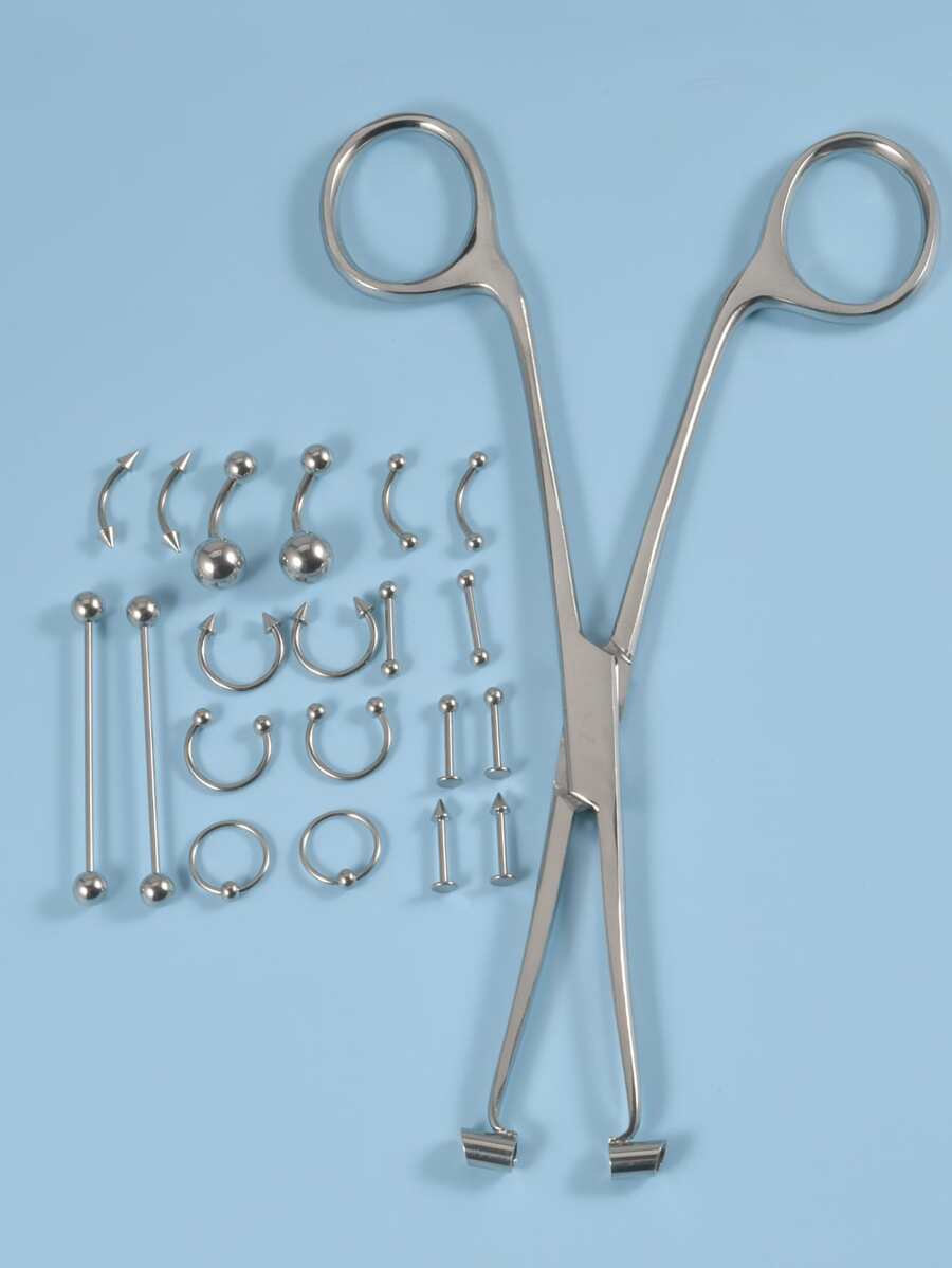 20入組/套球裝飾穿孔首飾和1入組工具不銹鋼受歡迎穿孔身體鏈禮品適合女士和男士 - 銀色 - 查看 1