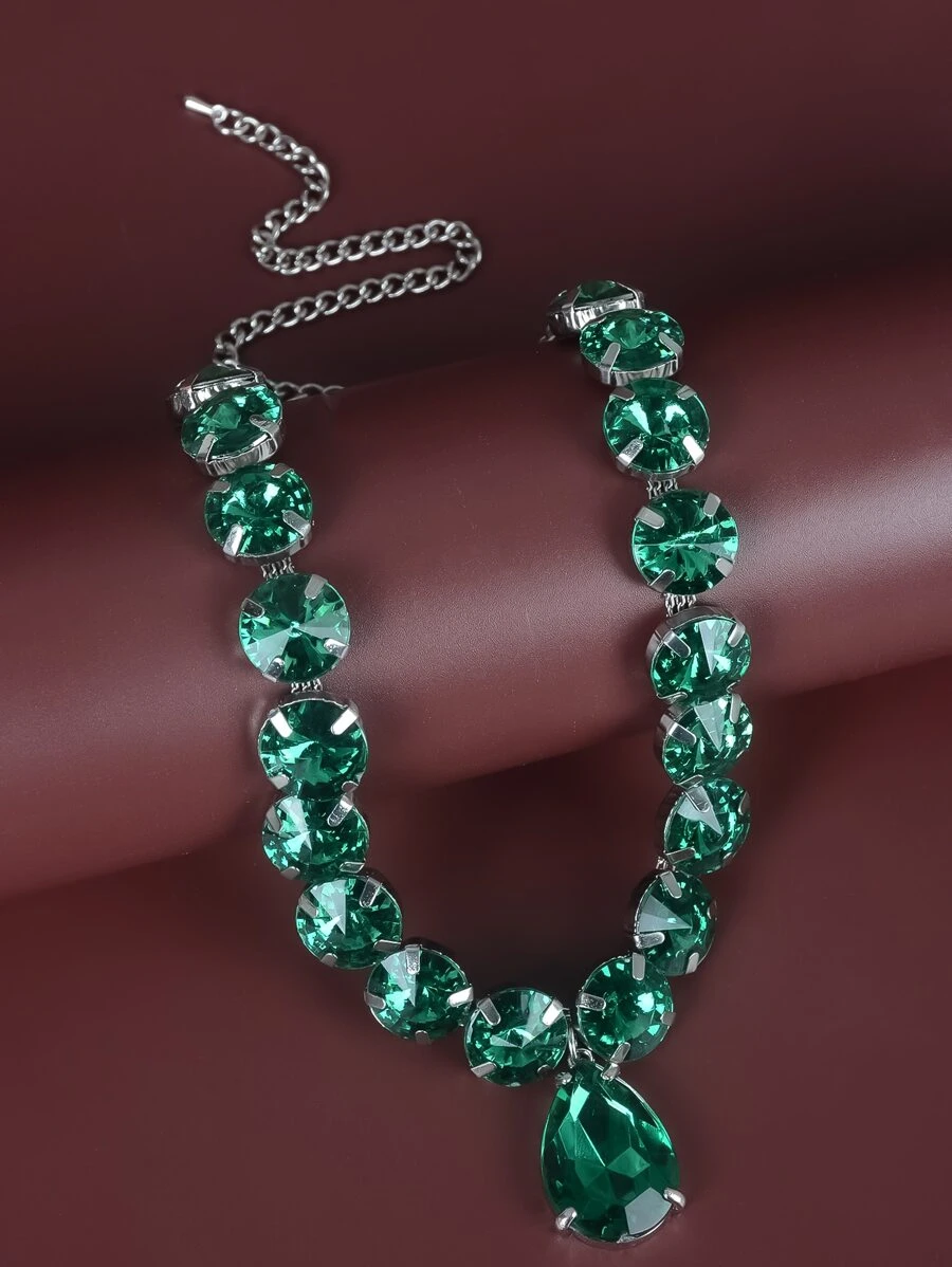 水鑽水滴吊墜項鏈 - 綠色 - 查看 1