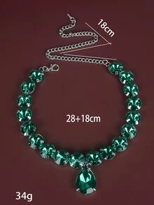 水鑽水滴吊墜項鏈 - 綠色 - 查看 3