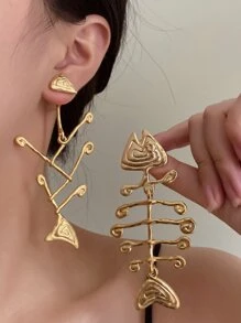 Fish Bone Drop Earrings - Gold - View 1