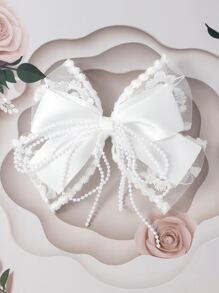 1pc Lace Pearl Tassel Bow Hair Clip, Versatile Gentle Side Hairpin - White - View 1