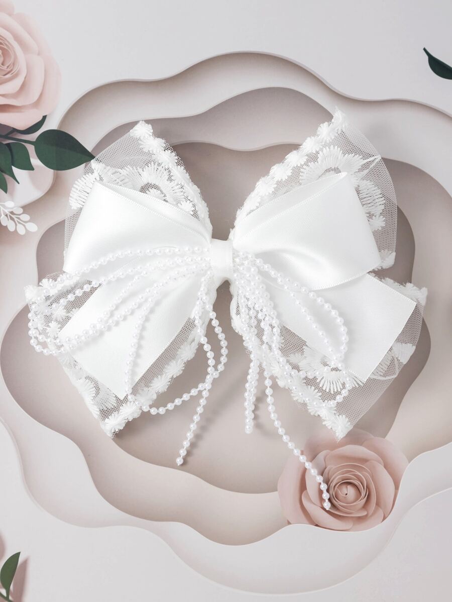 1pc Lace Pearl Tassel Bow Hair Clip, Versatile Gentle Side Hairpin - White - View 1
