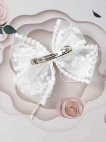 1pc Lace Pearl Tassel Bow Hair Clip, Versatile Gentle Side Hairpin - White - View 3