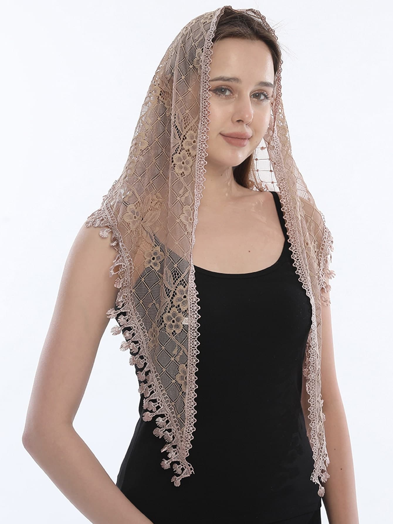 1pc Women's Fashion Wedding Veil, Minimalist Triangle Scarf Casual Shawl, Hollow Bridal Shawl - Khaki - View 1