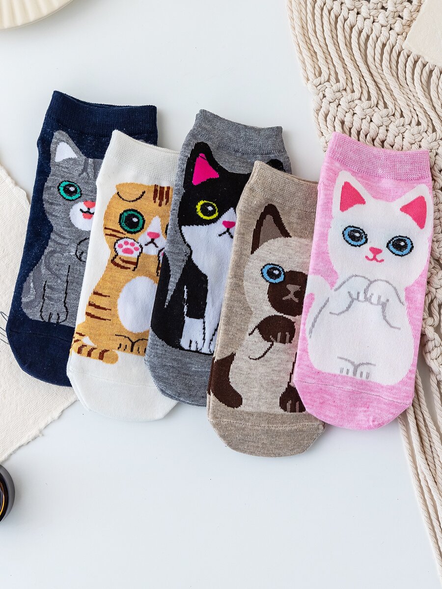 5pairs Cartoon Cat Pattern Ankle Socks - Multicolor - View 1