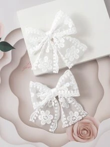 2个柔软的Fufu蕾丝蝴蝶结发夹，14+款可爱配饰，适合约会和拍照，甜美少女风发饰 - 白色 - 查看 1