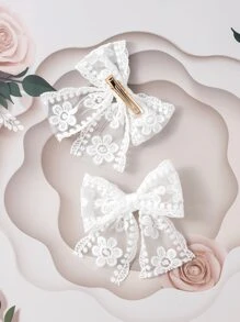 2个柔软的Fufu蕾丝蝴蝶结发夹，14+款可爱配饰，适合约会和拍照，甜美少女风发饰 - 白色 - 查看 3