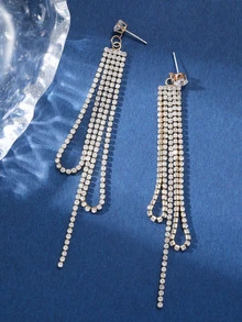 Rhinestone Tassel Drop Earrings - Gold - View 2