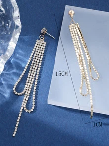 Rhinestone Tassel Drop Earrings - Gold - View 3