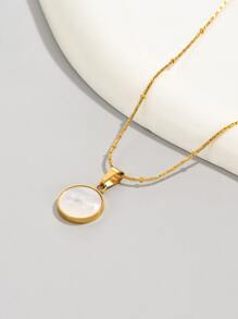 18k Gold Plated Stainless Steel Fashionable & Luxurious Gold-Color Round Shell Pendant Necklace, Suitable For Daily Wear And Festive Gift For Women - Multicolor - View 2
