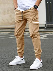 Manfinity Homme Quần Nam Dây kéo Túi màu trơn Đường phố - Màu Khaki - Xem 3