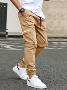 Manfinity Homme Quần Nam Dây kéo Túi màu trơn Đường phố - Màu Khaki - Xem 5