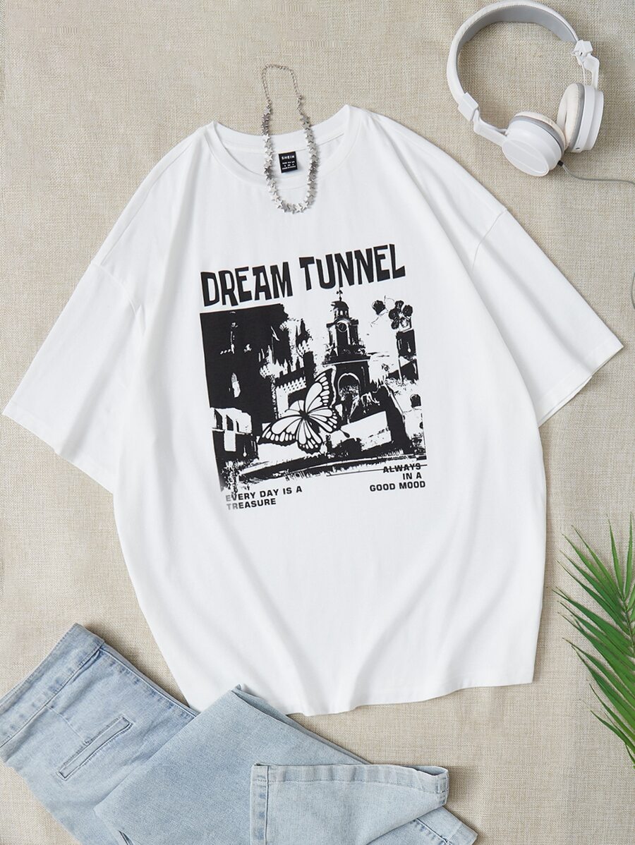 SHEIN EZwear 蝴蝶和标语图案落肩 T 恤 DREAM TUNNEL 每天都是一笔财富 时刻保持好心情 - 白色 - 查看 1