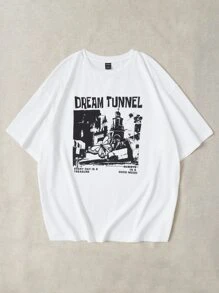 SHEIN EZwear 蝴蝶和标语图案落肩 T 恤 DREAM TUNNEL 每天都是一笔财富 时刻保持好心情 - 白色 - 查看 3