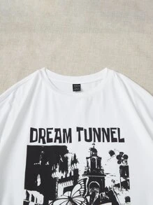 SHEIN EZwear 蝴蝶和标语图案落肩 T 恤 DREAM TUNNEL 每天都是一笔财富 时刻保持好心情 - 白色 - 查看 5