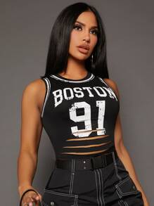 SHEIN SXY 字母圖案破洞短款背心 - 黑色 - 查看 7