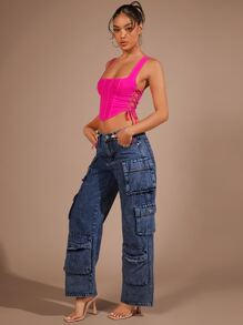 SHEIN BAE Áo khoác và áo lót dành cho xe tăng nữ Bất đối xứng Lộ Lưng Ren lên màu trơn Giải trí - Màu Hồng Tươi - Xem 3