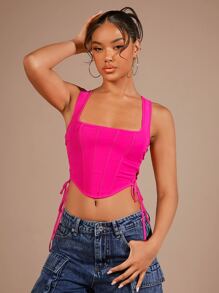 SHEIN BAE Áo khoác và áo lót dành cho xe tăng nữ Bất đối xứng Lộ Lưng Ren lên màu trơn Giải trí - Màu Hồng Tươi - Xem 4