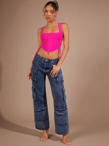 SHEIN BAE Áo khoác và áo lót dành cho xe tăng nữ Bất đối xứng Lộ Lưng Ren lên màu trơn Giải trí - Màu Hồng Tươi - Xem 6