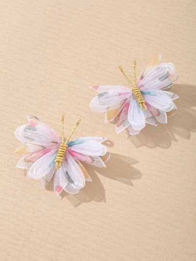 2件套女孩彩色雪纺蝴蝶发夹，可爱日常发饰