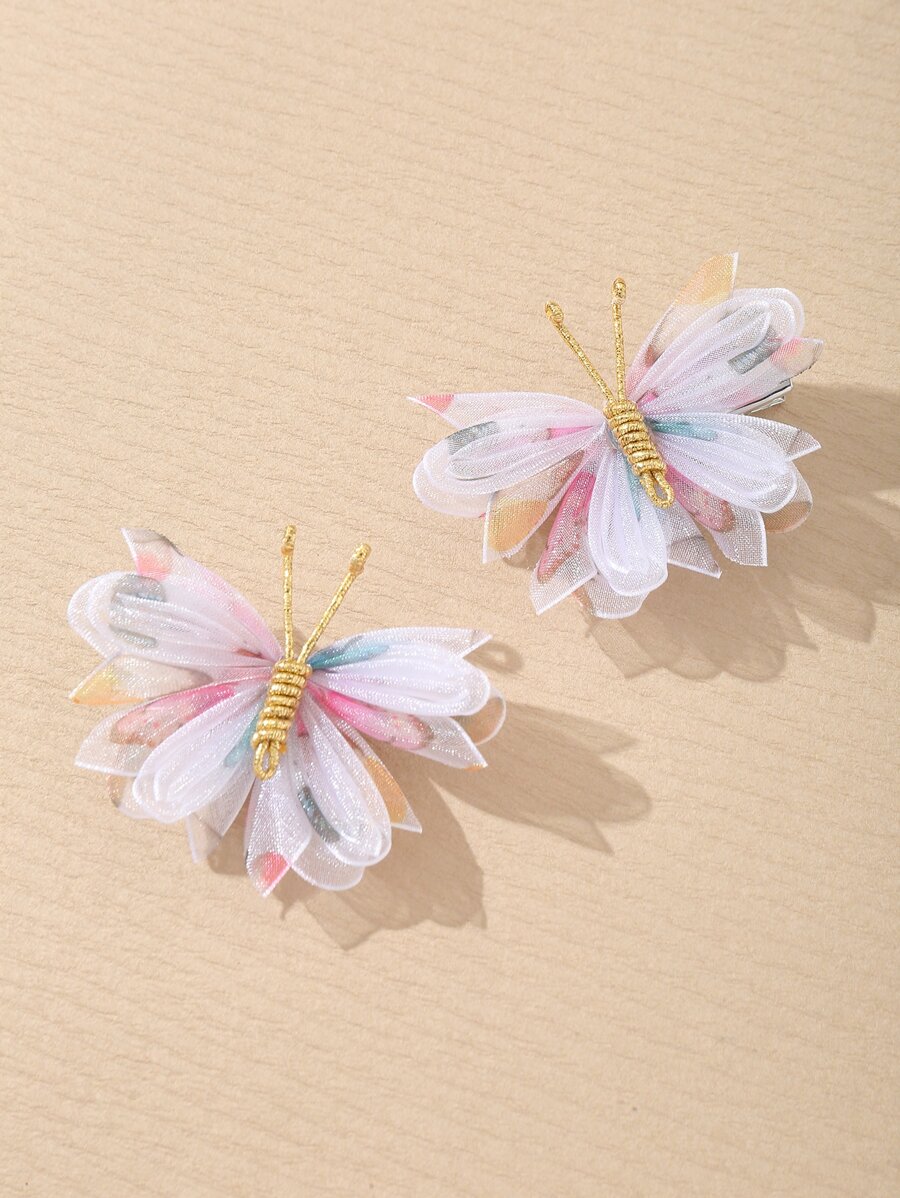 2pcs/Set Girls Colorful Chiffon Butterfly Hair Clips, Cute Everyday Hair Accessories - Multicolor - View 1