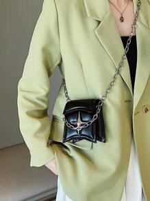Mini Star Decor Satchel Flap Chain Square Bag - Black - View 2