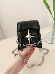 Mini Star Decor Satchel Flap Chain Square Bag - Black - View 1