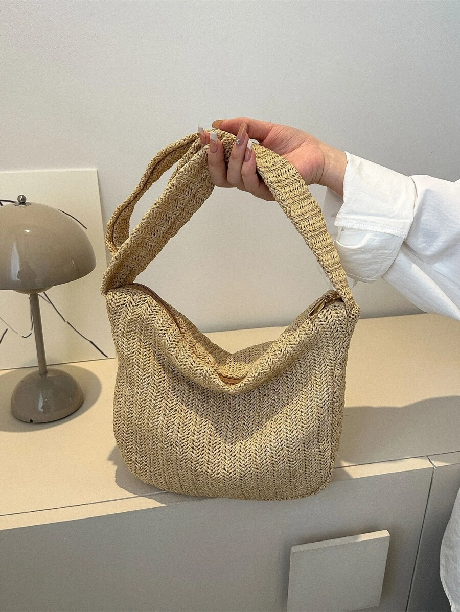 Minimalist Shoulder Bag Simple Straw Bag - Khaki - View 1
