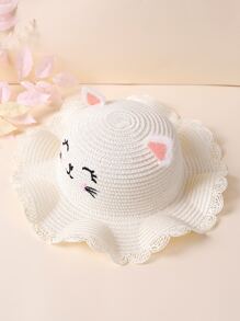 Toddler Girls Cartoon Cat Embroidered Straw Hat - White - View 1
